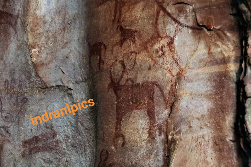 Cave 3 – notice the hand impression of a child? – Rock paintings of Bhimbetka Caves.