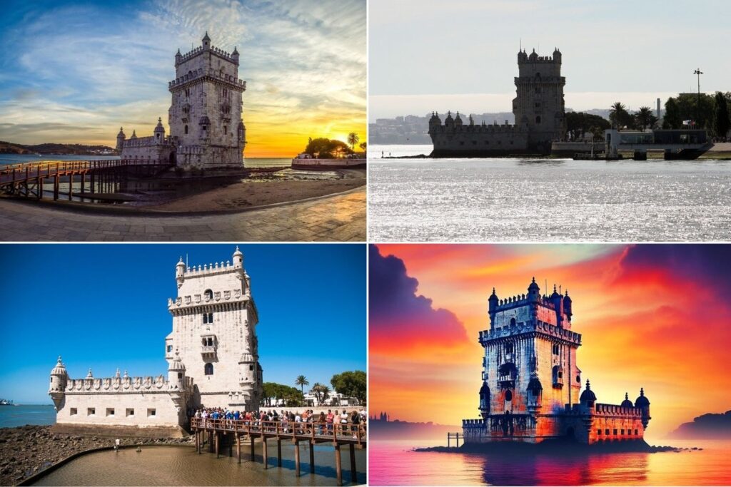 Photogenic landmark of Portugal - Belem Tower under different skies
