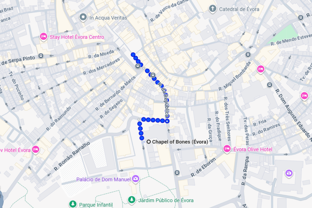 Google Map walking route from Historic Centre to Church of Bones Evora