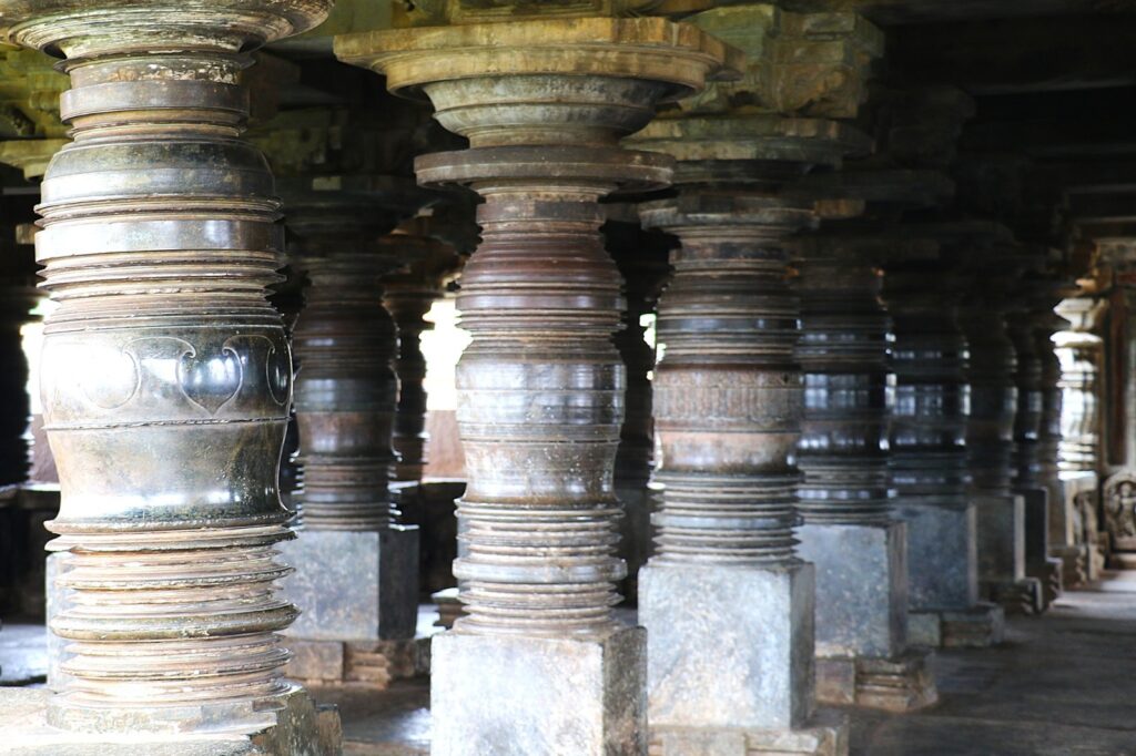 Hoysala Temple Halls lined with Lathe turned smooth pillars