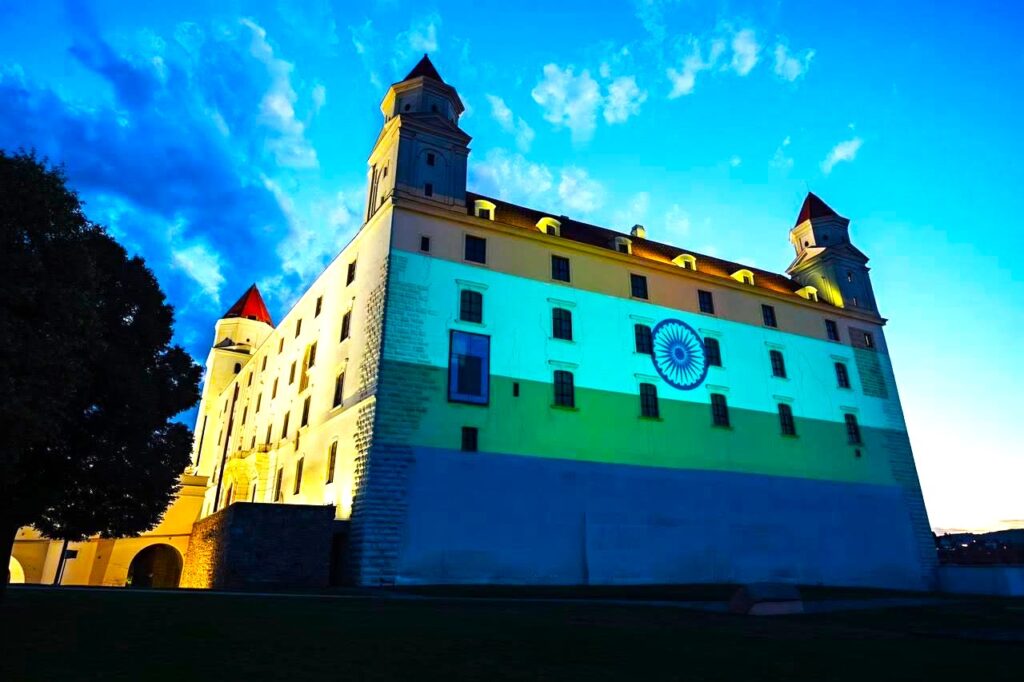 Indian Tricolour shining over Bratislava Castle
