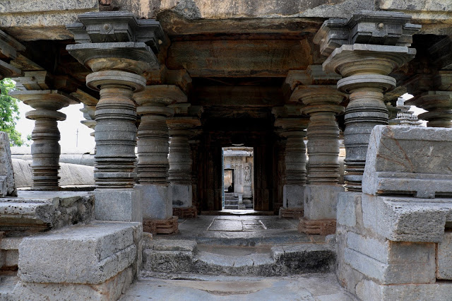 Lathe-turned pillars inside the Hoysala Temple Hassan